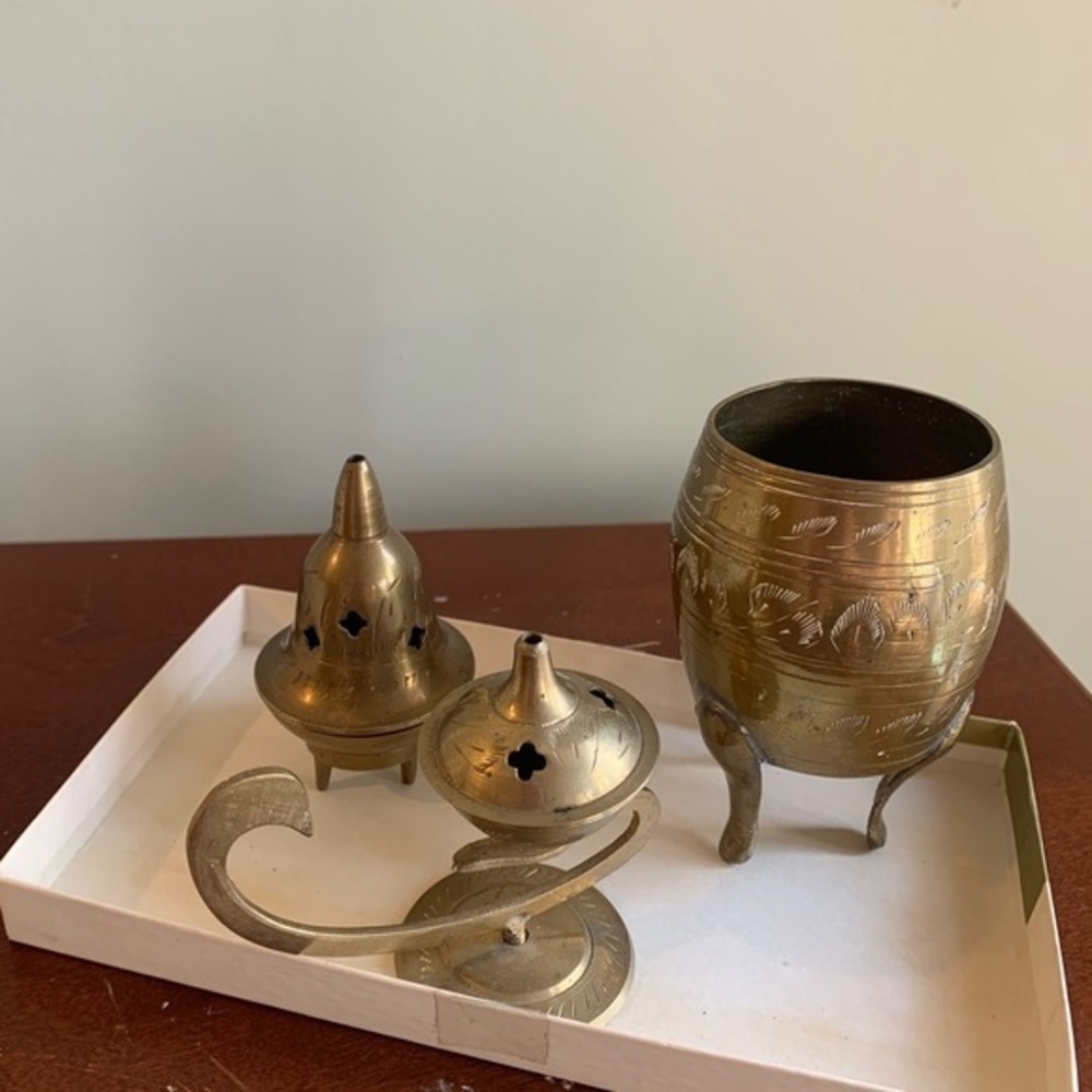 Set of 3 Vintage Brass Etched Footed Incense Holders